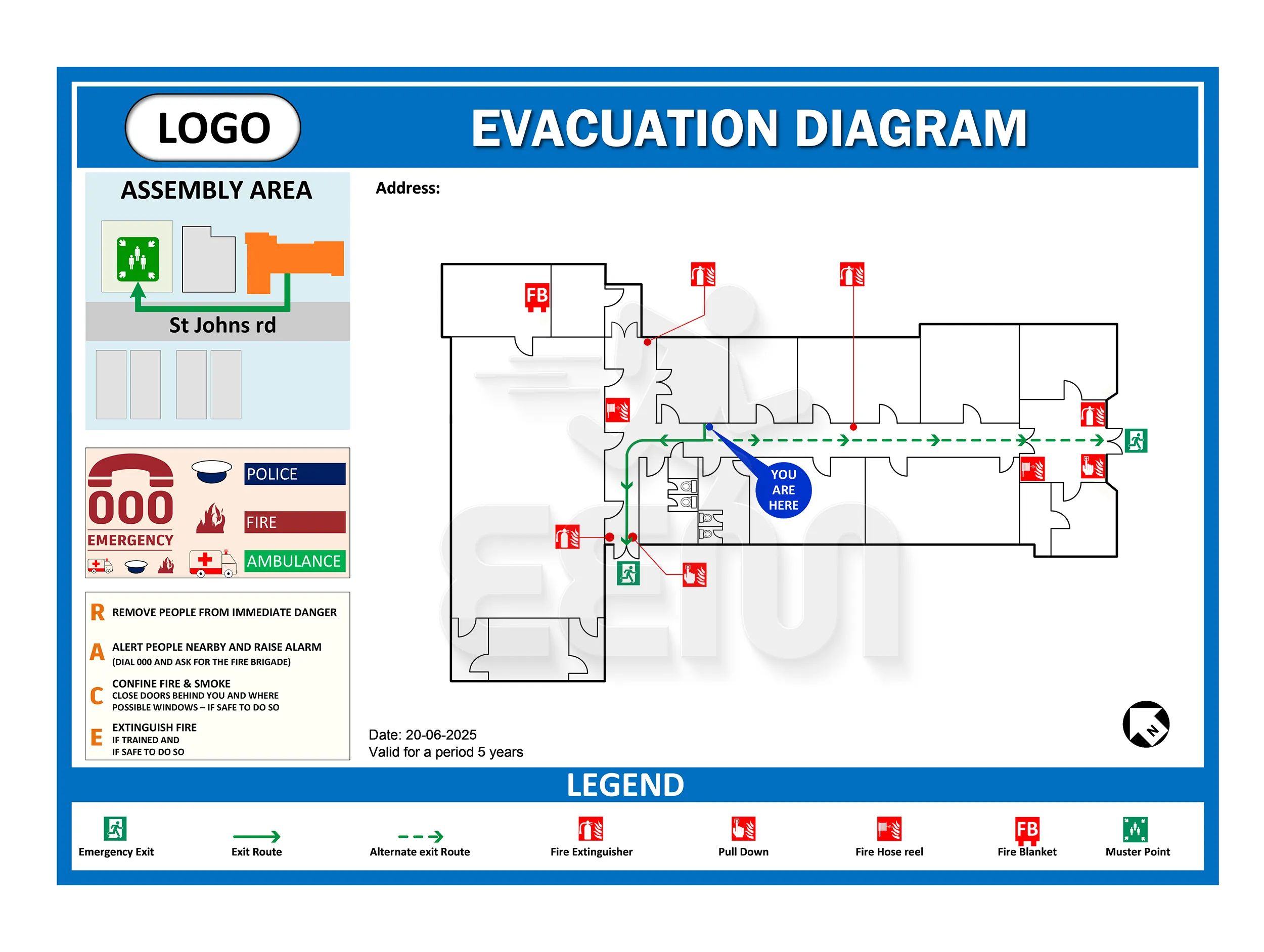 Evacuation Diagram — High-visibility evacuation diagram with clear exit paths.