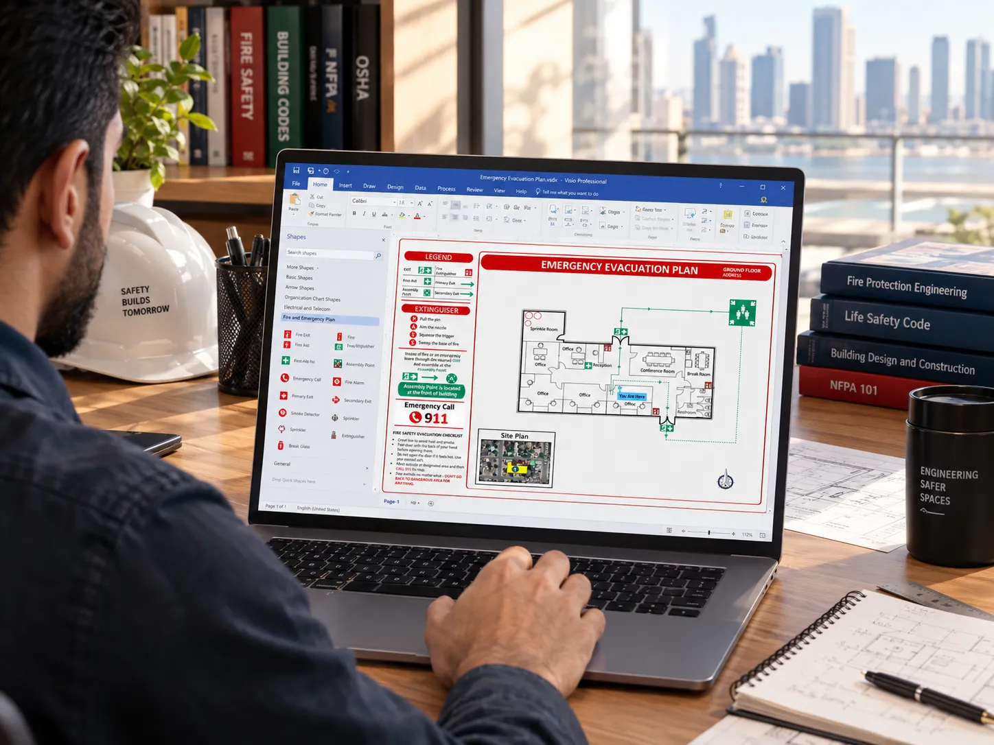 Evacuation plan design company — engineer designing an emergency evacuation map in a modern office