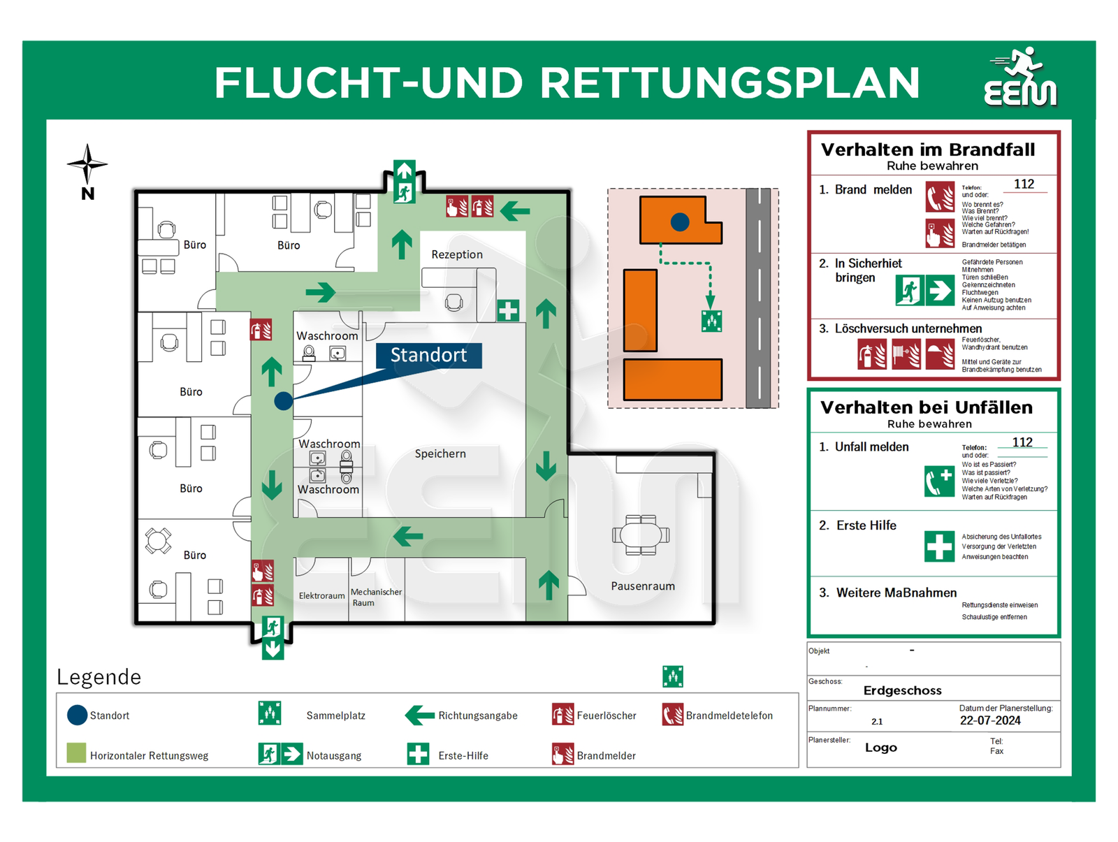 Flucht- und Rettungsplan — Übersichtlicher Flucht- und Rettungsplan für Gebäude.